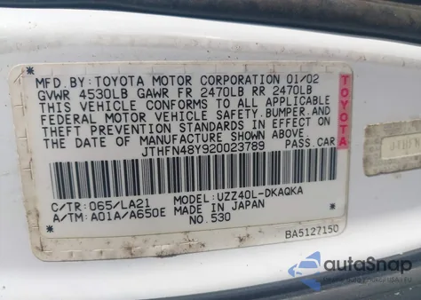 2002 Lexus Sc 430 from USA, damaged, VIN JTHFN48Y920023789